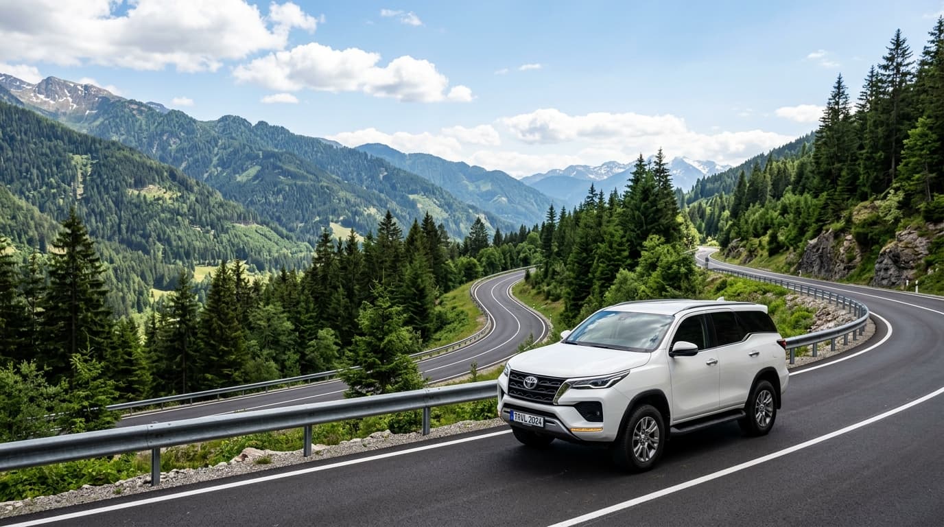 Private luxury AC tourist vehicle driving along scenic route